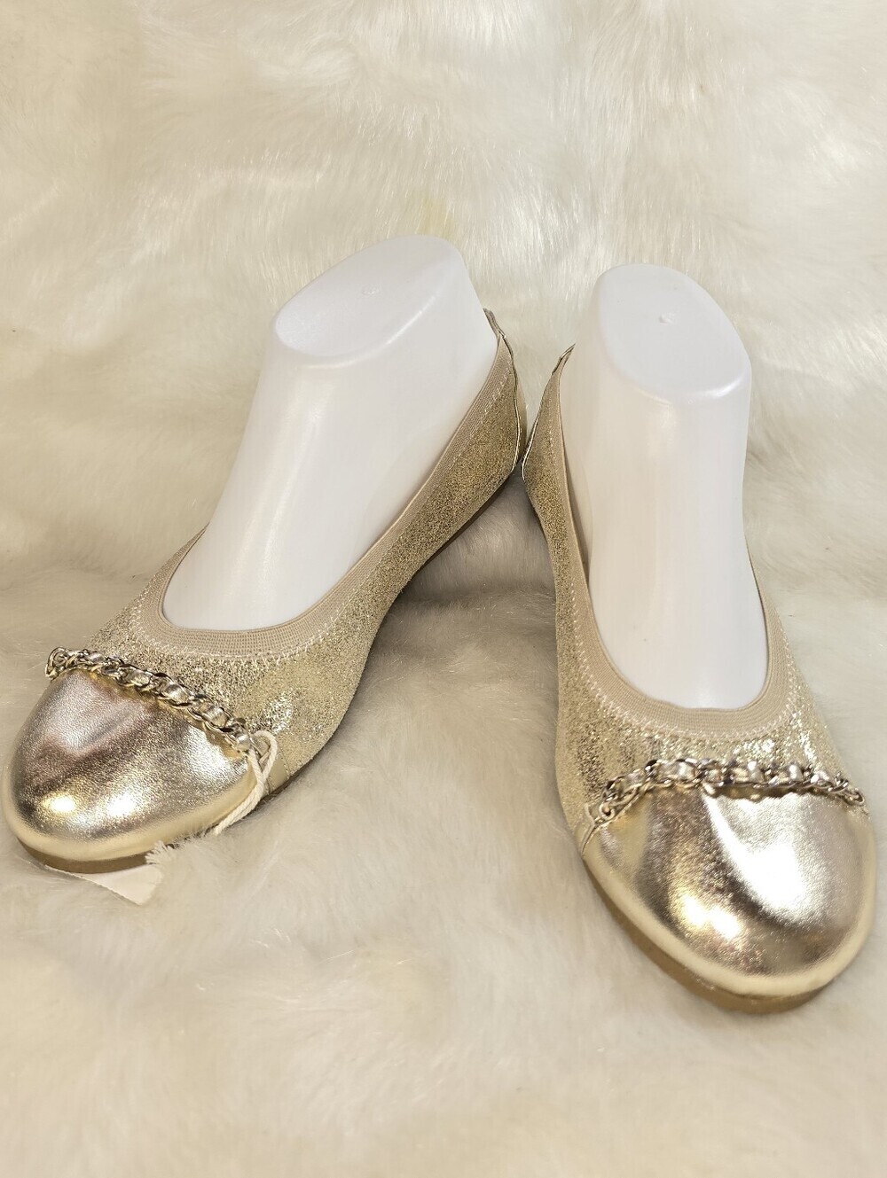 American Eagle Womens Gold Glitter Stretch Ballet Flats with Chain Trim